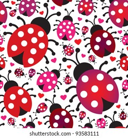 Seamless cute ladybug hearts retro background pattern in vector