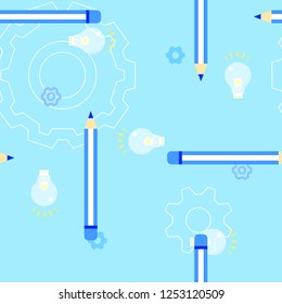 seamless cute light bulb with pencil wood color back to school education concept repeat pattern in bright blue background flat vector illustration cartoon texture graphic design