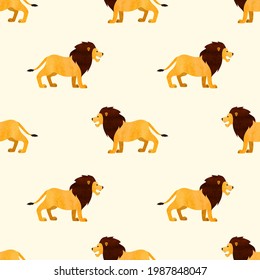 Seamless cute lion animal pattern. Vector simple watercolor illustration.