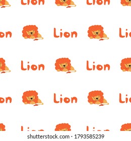 seamless cute lion cartoon pattern vector illustration. cute character is sleeping and next to the inscription lion. white background