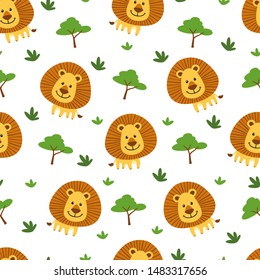 Seamless Cute Lion Pattern in White Background