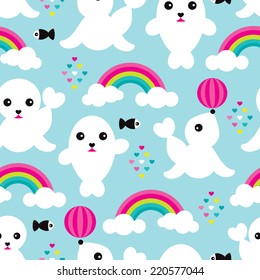 Seamless cute little baby seal fish and rainbows illustration colorful kids background pattern in vector