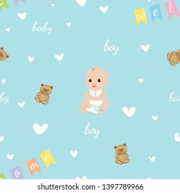 Seamless Cute little boy holding milk bottle, teddy bear and welcome on blue background, Vector illustration, Vector kids cartoon background