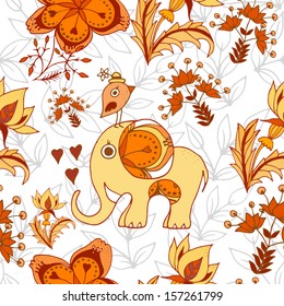 Seamless cute little elephant with flowers pattern on white background
