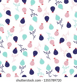 Seamless cute little floral pattern in scandinavian folk style vector. White background. Illustration