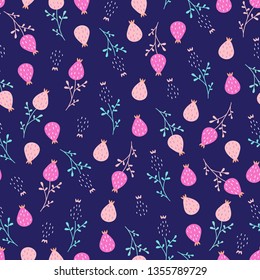 Seamless cute little floral pattern in scandinavian folk style vector. Blue background. Illustration