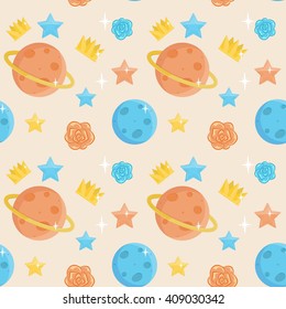 Seamless cute little prince pattern ornament. Holiday and event decorations, design elements. Roses, planets, stars and crowns.