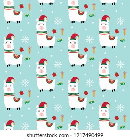 Seamless cute llama with Christmas gift, cute Christmas Character design, vector illustration