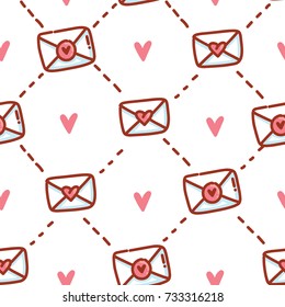 Seamless cute love geometric outline pattern with hearts and love letters, envelopes. Background design for web, print and textile