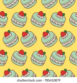 Seamless  with cute Macaron and wipping cream Strawberry,A seamless vector background