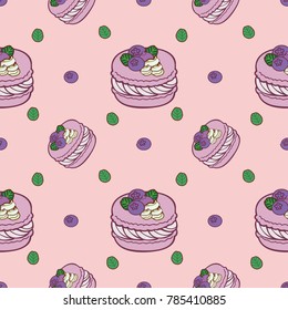 Seamless  with cute Macaron and wipping cream Strawberry,A seamless vector background