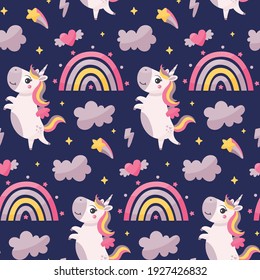 Seamless cute magical celestial vector pattern with unicorns, rainbows, stars, cloud, sky, wings, flying hearts