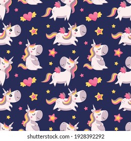 Seamless cute magical celestial vector pattern with unicorns, stars, sky, wings, hearts