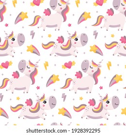 Seamless cute magical celestial vector pattern with unicorns, rainbows, stars, cloud, sky, wings, hearts