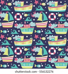 Seamless cute marine cartoon colorful pattern with ships, boat, fish, sea, ocean, starfish, anchor, wave, lifeline