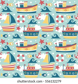 Seamless cute marine cartoon colorful pattern with ships, boat, fish, sea, ocean, starfish, anchor, wave, lifeline