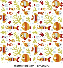seamless cute marine pattern with fish, seaweed, coral, starfish,  seabed, algae, bubble