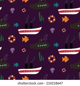 Seamless cute marine pattern with ships and submarines