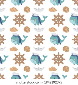 Seamless cute marine pattern with  whale in sailor's hat, paper boat, steering wheel, seashell.