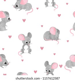Seamless cute mice pattern. Vector watercolor mouse background for kids.