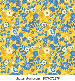 Seamless cute mille-fleurs texture for fabric, wrapping, printing, textile. Vector floral beige, yellow and blue pattern.