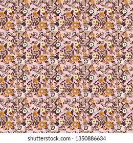 Seamless cute mille-fleurs texture for fabric, wrapping, printing, textile. Vector floral pink, brown and beige pattern.
