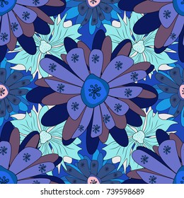 Seamless cute mille-fleurs texture for fabric, wrapping, printing, textile. Vector floral purple, blue and violet pattern.