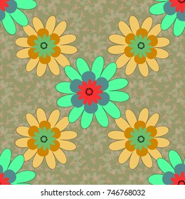 Seamless cute mille-fleurs texture for fabric, wrapping, printing, textile. Vector floral yellow, green and neutral pattern.