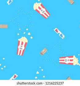 seamless cute minimal cinema movie with popcorn,movie ticket and 3d glasses cartoon repeat pattern background flat vector illustration design