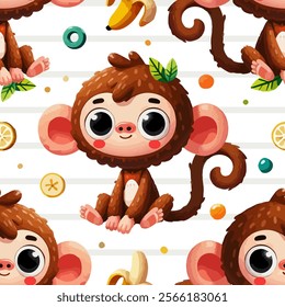 Seamless cute monkey pattern, tropical fruit, banana, orange, playful jungle wildlife simple universal design, sitting pose, cheerful animal, nature vibrant kid friendly adorable fun decorative graphi