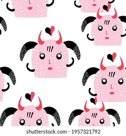 Seamless  cute monster  with heart pattern background  vector eps.10