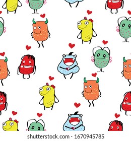 Seamless cute  monster  with red heart pattern  design for  kid,fun ,party  ,abstract love and friend concept    vector  background  