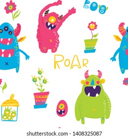 Seamless cute monsters pattern vector illustration.