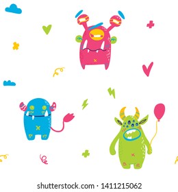 Seamless cute monsters pattern vector illustration.