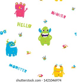 Seamless cute monsters pattern vector illustration.