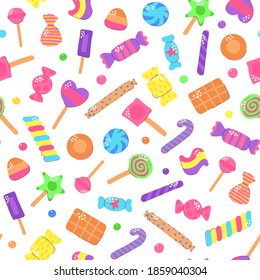Seamless Cute multicolored candy set pattern. Sugar Sweets isolated on white background. Gummy, Chocolate, Caramel, Lollipops, Jelly, Peppermint, Marmalade, Drops. Vector Scandinavian illustration