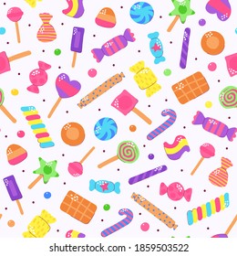 Seamless Cute Multicolored Candy Set Pattern. Sugar Sweets On Light Background. Gummy, Chocolate, Caramel, Lollipops, Jelly, Peppermint, Marmalade, Dragee. Vector Scandinavian Polka Dot Illustration