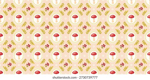 Seamless cute mushroom pattern with red fly agaric, leaves, and floral accents. Designed for kids fabrics, cottagecore wallpaper, and playful autumn or spring prints.