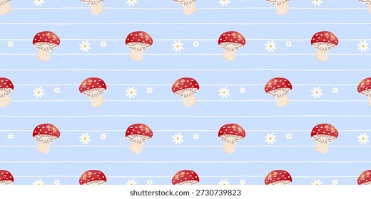 Seamless cute mushroom pattern with red fly agaric, leaves, and floral accents. Designed for kids fabrics, cottagecore wallpaper, and playful autumn or spring prints.