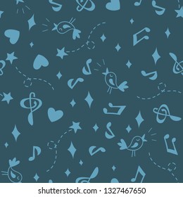 Seamless Cute Music Pattern. Blue.
