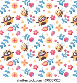 Seamless cute nature animal pattern with bee owl, flowers, plant, leaf, berry, strawberry, wild, vintage, postcard, heart, love, friend