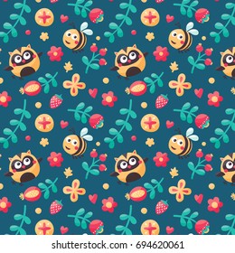 Seamless cute nature animal pattern with bee owl, flowers, plant, leaf, berry, strawberry, wild, vintage, postcard, heart, love, friend, blue
