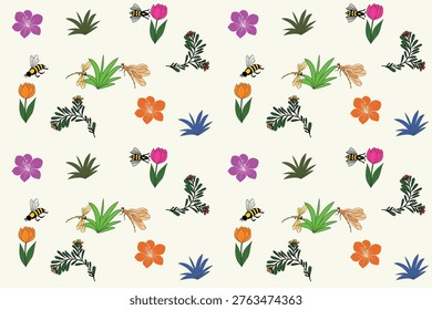 Seamless cute nature pattern with flowers, plants, bees, and dragonflies on a soft neutral background. Hand-drawn style botanical illustration with a playful and whimsical feel. Perfect for kids fabric, nursery decor, wallpaper, wrapping paper, and surface pattern design.