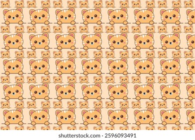 Seamless cute orange cat pattern with various sizes on beige background. Adorable hand-drawn kittens, perfect for textiles, wallpapers, gift wrap, kids' products, and stationery.