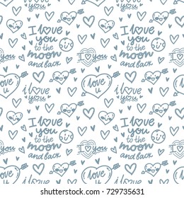 Seamless cute outline pattern with love lettering calligraphy and heart characters: I love you to the moon and back. Background, print, textile design