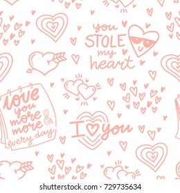 Seamless cute outline pattern with love lettering calligraphy and hearts with arrows: I love you more and more every day, You stole my heart. Background, print, textile design