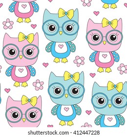 seamless cute owl with glasses pattern vector illustration
