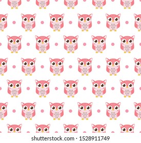 seamless Cute Owl Pink pattern with dot on white background vector, good for wallpaper, fabric, web, print and other uses.