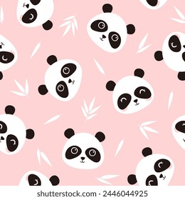 Seamless cute panda bear on a pink background with bamboo leaves.
Pastel animal pattern illustration for  fabric textile print wrapping paper design.