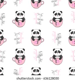 Seamless cute panda bears pattern. Vector background for kids design.